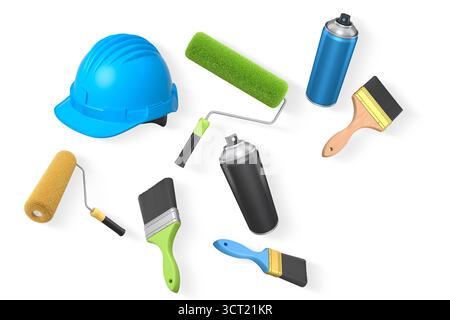 Various painting tools including rollers, brushes, spray cans and a hard hat, isolated on white background with clipping path, concept of painting wor Stock Photo
