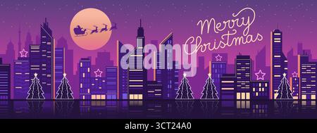 Futuristic vaporwave Christmas background with city skyline and Santa Claus flying in the sky Stock Vector
