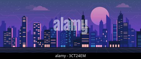 Futuristic vaporwave city skyline background at night with perspective grid Stock Vector