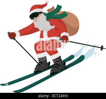 Happy Santa Claus skiing and carrying Christmas gifts in his sack, isolated on white background Stock Vector