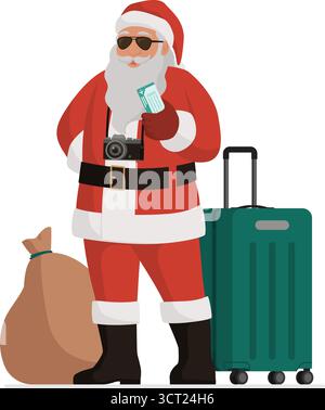 Smiling Santa Claus standing with luggage and holding plane tickets, travel and holidays concept Stock Vector