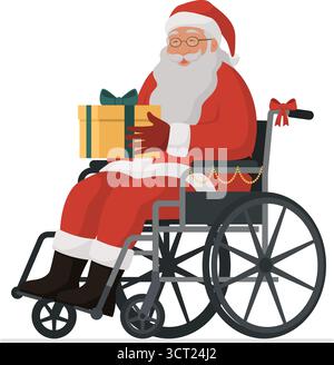 Santa Claus on wheelchair holding a Christmas gift, accessibility concept, isolated on white background Stock Vector