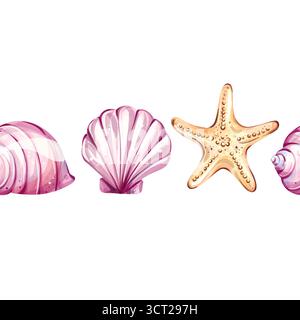Seamless pattern of summer beach vacation elements featuring seashells and starfish, perfect background wallpaper for holiday celebrations and Stock Vector