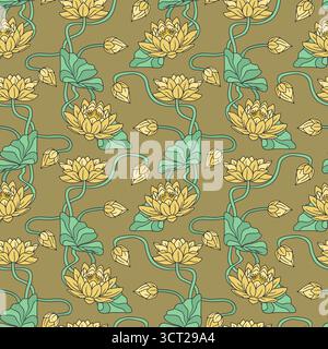 Vintage seamless pattern with hand drawn yellow lotus flowers on mustard background Stock Vector