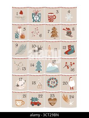 Happy Holidays pocket advent calendar with different Christmas symbols for your design. Scandinavian style. Vector illustration. Stock Vector