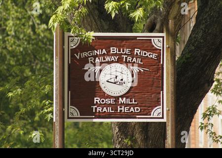 Nelson County, VA, USA. Trailhead sign at one entrance of the Virginia Blue Ridge Railway Trail. Stock Photo