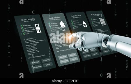 AI robotic hand interacting with digital property management dashboard for smart real estate investment analysis. Futuristic PropTech automation artif Stock Photo