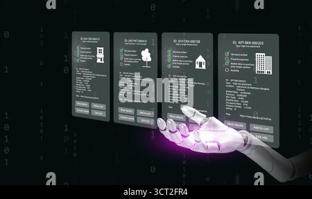 Futuristic AI robotic hand interacting with digital property data interface for smart real estate investment and management automation. PropTech and a Stock Photo