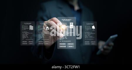Futuristic technology interface for real estate business, showing smart property data analytics and digital investment management. PropTech, AI, innov Stock Photo