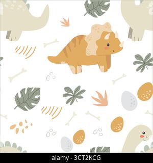 Cute dinosaur pattern with triceratops eggs bones leaves on black background. Stock Vector