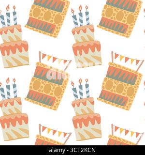 Colorful birthday cake pattern with candles and bunting. Stock Vector