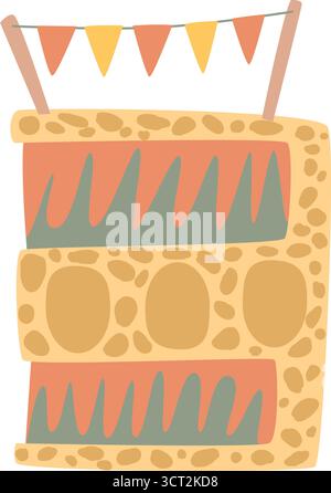 Whimsical cartoon building with decorative flags and abstract patterns. Stock Vector
