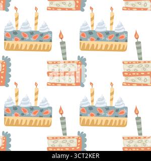Seamless pattern of festive birthday cakes with candles and decorations. Stock Vector