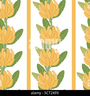 Seamless pattern of stylized yellow protea flowers with green leaves on white background. Stock Vector