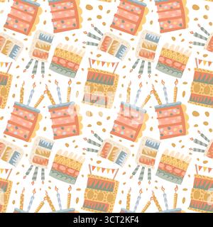 Colorful birthday cake pattern with candles in pastel tones. Stock Vector
