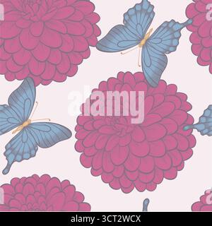 Seamless background with beautiful butterflies and flowers dahlias in a hand-drawn graphic style in vintage colors Stock Vector