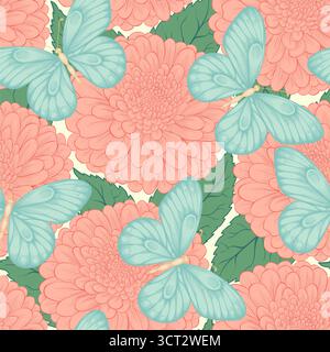 Seamless background with beautiful butterflies and flowers dahlias in a hand-drawn graphic style in vintage colors Stock Vector