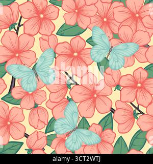 Beautiful seamless background with branches of flowering trees and butterflies Stock Vector