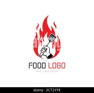 Food logo design with flaming spatula icon, modern restaurant branding and spicy cuisine identity concept Stock Vector