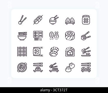 Sushi icons. Japan food cuisine. Japanese menu line symbols. Temaki and sashimi. Soy sause. Udon noodle bowl with and chopsticks. Asian fish rolls. Gourmet bar. Rice onigiri. Vector pictograms set Stock Vector