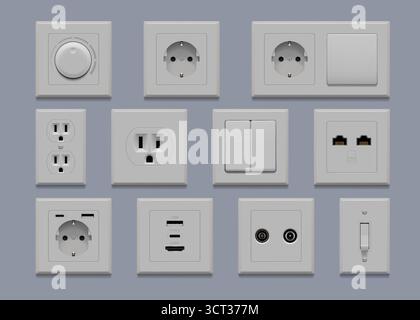 Socket and switch. Electric power button. 3D equipment. Circuit plug insert and light toggle at wall front view. Realistic double control plastic device panel. Vector isolated electricity supplies set Stock Vector