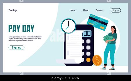 Payday landing page. Finance earning. Paycheck planner. Money counting with calculator. Payoff to employee. Girl holding dollar banknotes. Website design template. Time for pay day. Vector background Stock Vector