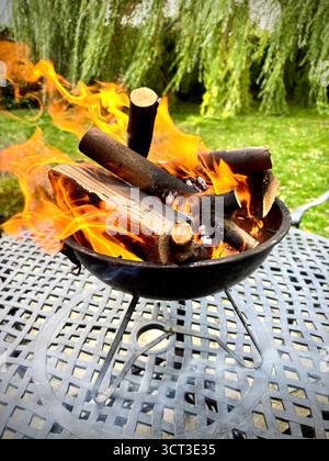 Barbecue fire burns brightly. Stock Photo