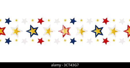 Colorful seamless border with red, blue, gold and white glitter stars on white background. Stock Photo