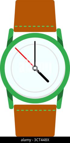 Wrist watch with green case and brown leather strap flat design vector icon Stock Vector