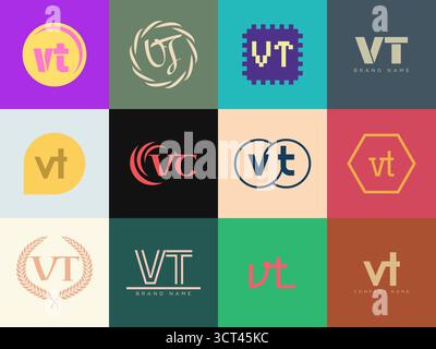 VT logo company template. Letter v and t logotype. Set different classic serif lettering and modern bold text with design elements. Initial font typog Stock Vector