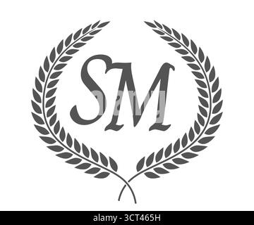Initial letter S and M, SM monogram logo design with laurel wreath. Luxury emblem with calligraphy font. Stock Vector