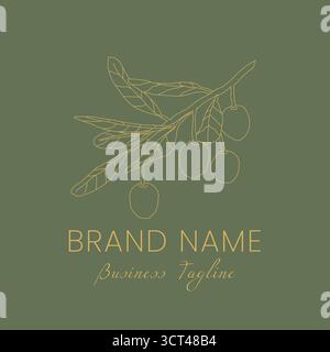 Olives Branch Simple Clean Green and Gold Flat Logo for Olive Oil Brand Stock Vector