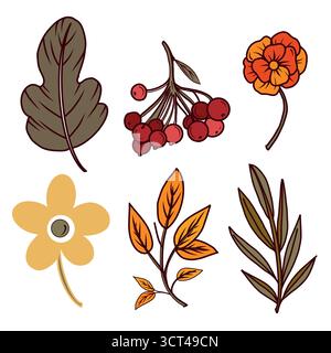A set of vector illustrations. Autumn leaves, berries, twigs, flowers, everything is hand-drawn in vector. Illustration is suitable for printing on Stock Vector