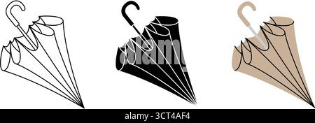 Closed umbrella icon with compact style in outline, black silhouette and beige color Stock Vector