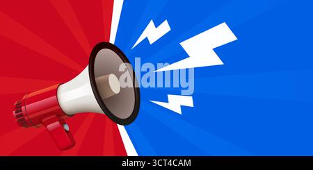 Attention-Grabbing Megaphone with Sound Symbols on Red and Blue Background, ideal for important announcements. Vector illustration. Stock Vector
