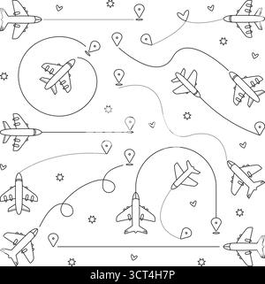 Airplane dotted route, icon set. Plane silhouette and flight path. Path ...