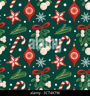 Seamless pattern featuring mistletoe, candy canes, Christmas ornaments, and snowflakes. This festive design captures the essence of the holiday spirit Stock Vector