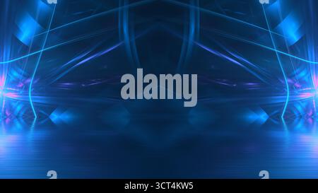 stunning display of neon blue lights forms an abstract pattern in a digital space, creating an otherworldly scene filled with dynamic energy and movem Stock Photo