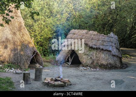 Stone age huts with smoking fire pit and reed thatch, Mesolithic settlement reconstruction in Ireland Stock Photo