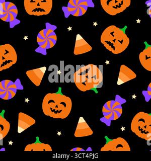 Halloween seamless pattern. Candy corns and pumpkins. Easy to edit vector template for greeting card, banner, poster, party invitation, fabric, textil Stock Vector