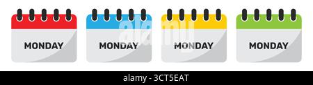 Monday calendar icon set in red, blue, yellow and green. Set of flat monday calendar icons isolated on a white background Stock Vector