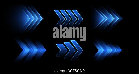 Glowing blue arrows, dynamic glowing pointers, fast motion concept. Stock Vector