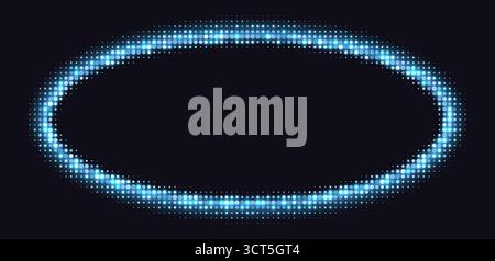 Blue halftone frames, glowing circle borders, round pattern with dots, radial disco luxury design element. Stock Vector