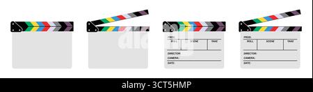 Movie clapperboard, film slate, cinema clapping board set in white color vector illustration Stock Vector