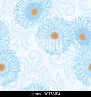 seamless pattern with gerbera flowers and abstract floral swirls Stock Vector