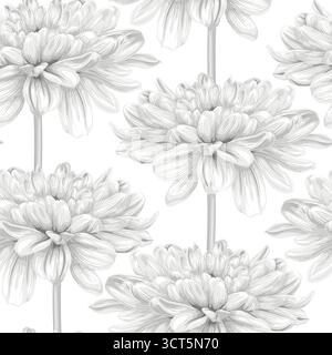 Beautiful monochrome, black and white seamless background with dahlia. Stock Vector