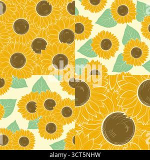 set of beautiful seamless background with sunflowers. Stock Vector