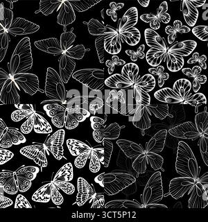 set of beautiful monochrome black and white seamless background with butterflies. Stock Vector