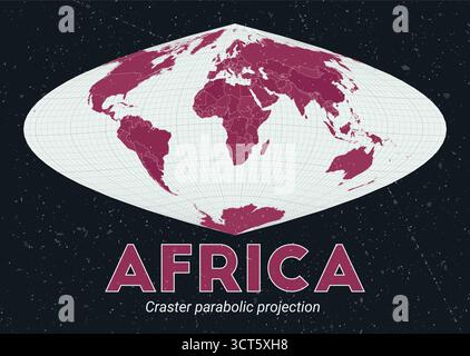 Africa. World map. Craster parabolic projection centered on Africa. Pale Mint Dark Pink palette. Vintage texture. Classy vector illustration. Stock Vector