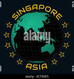 Republic of Singapore on Globe. Round country and continent name text. Country view on world map in Black Emerald color palette. Stock Vector